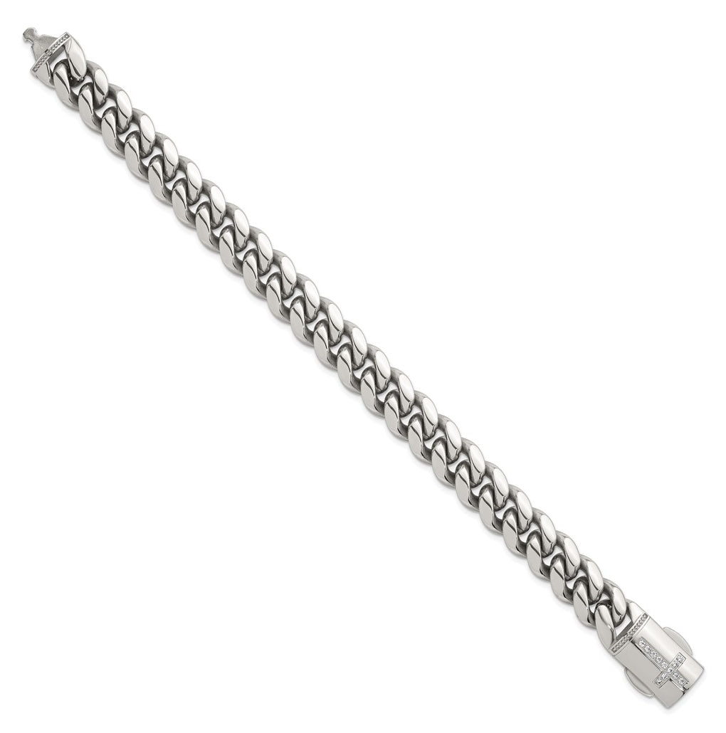 Stainless Steel Polished Curb Link with Cubic Zirconia Cross Clasp 8.5in Bracelet – Elegant Jewelry Gift for Birthday, Anniversary, Engagement, Wedding