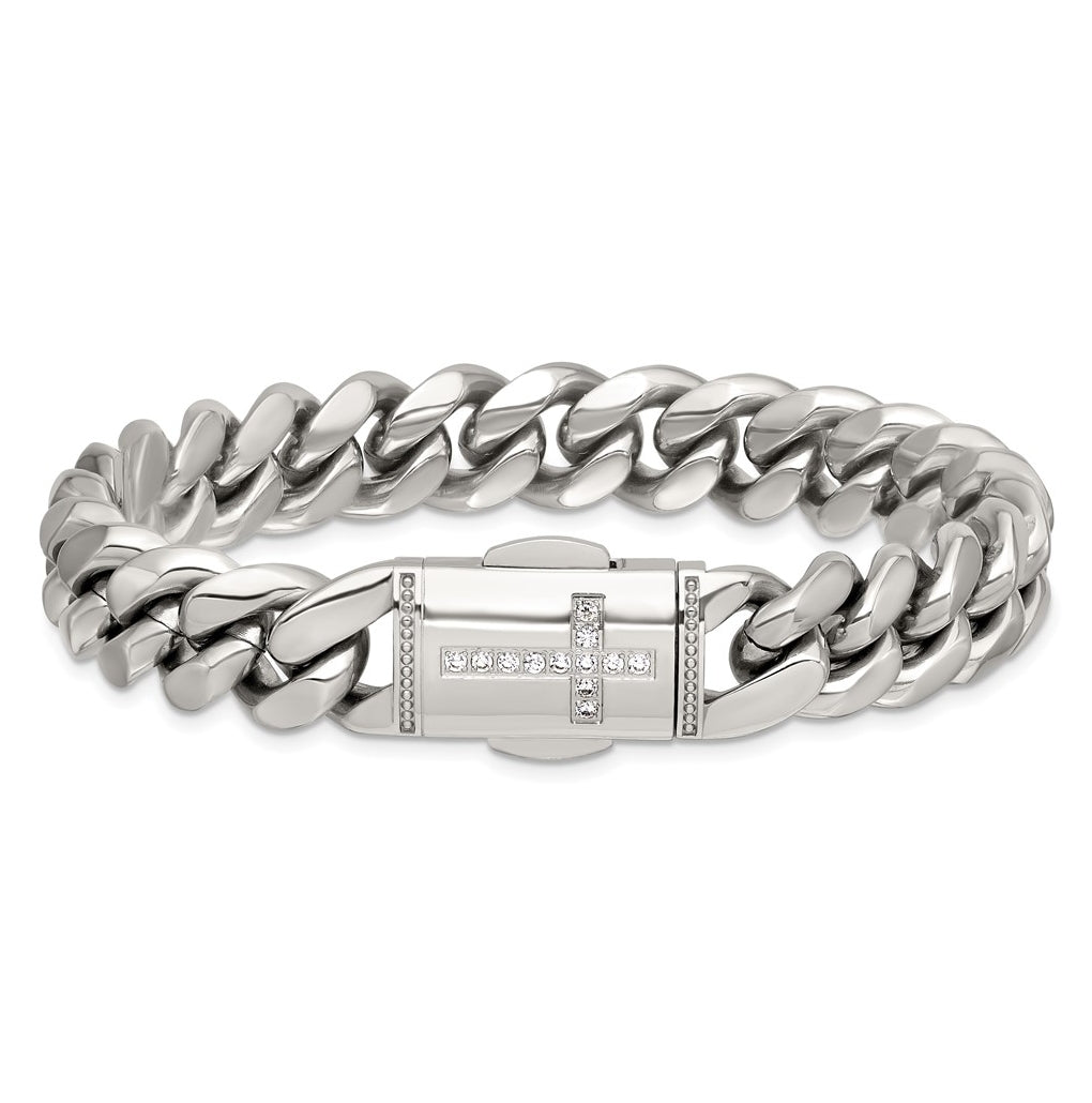 Stainless Steel Polished Curb Link with Cubic Zirconia Cross Clasp 8.5in Bracelet – Elegant Jewelry Gift for Birthday, Anniversary, Engagement, Wedding