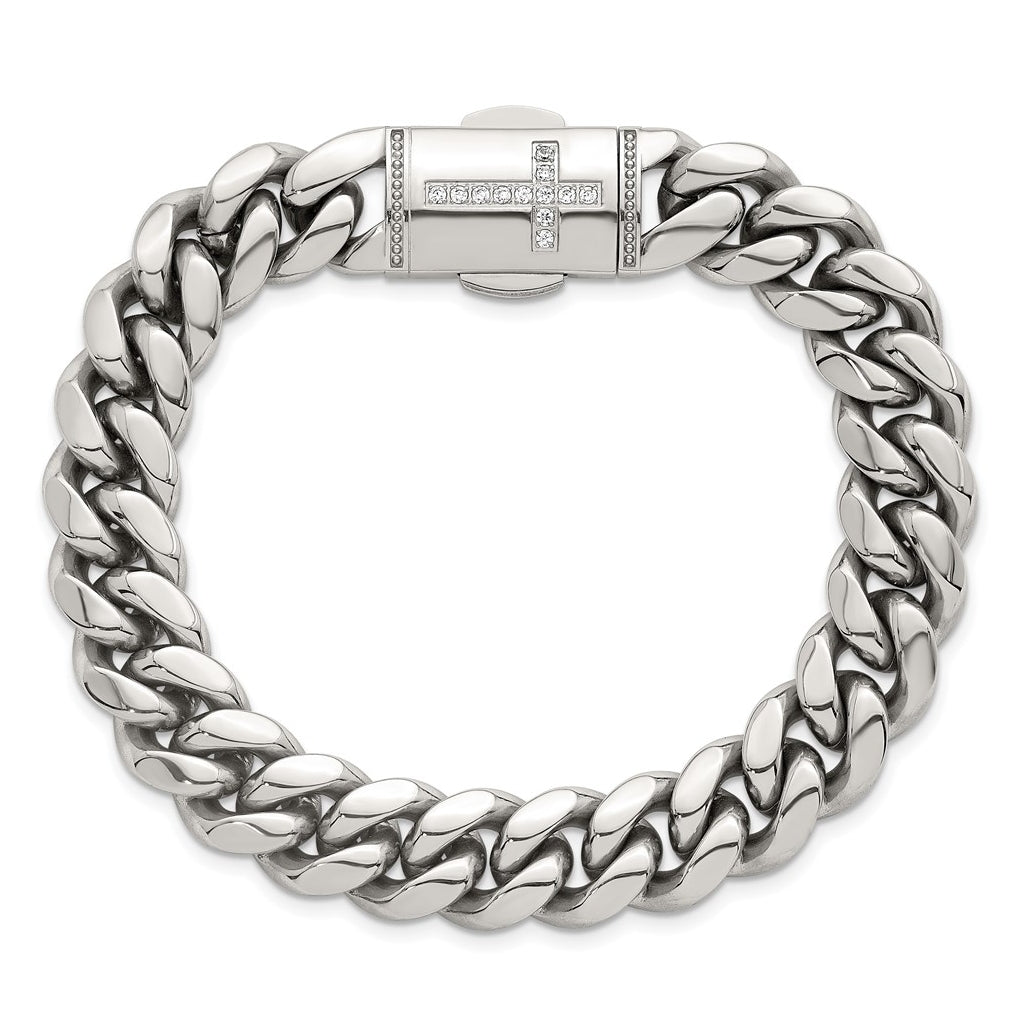 Stainless Steel Polished Curb Link with Cubic Zirconia Cross Clasp 8.5in Bracelet – Elegant Jewelry Gift for Birthday, Anniversary, Engagement, Wedding