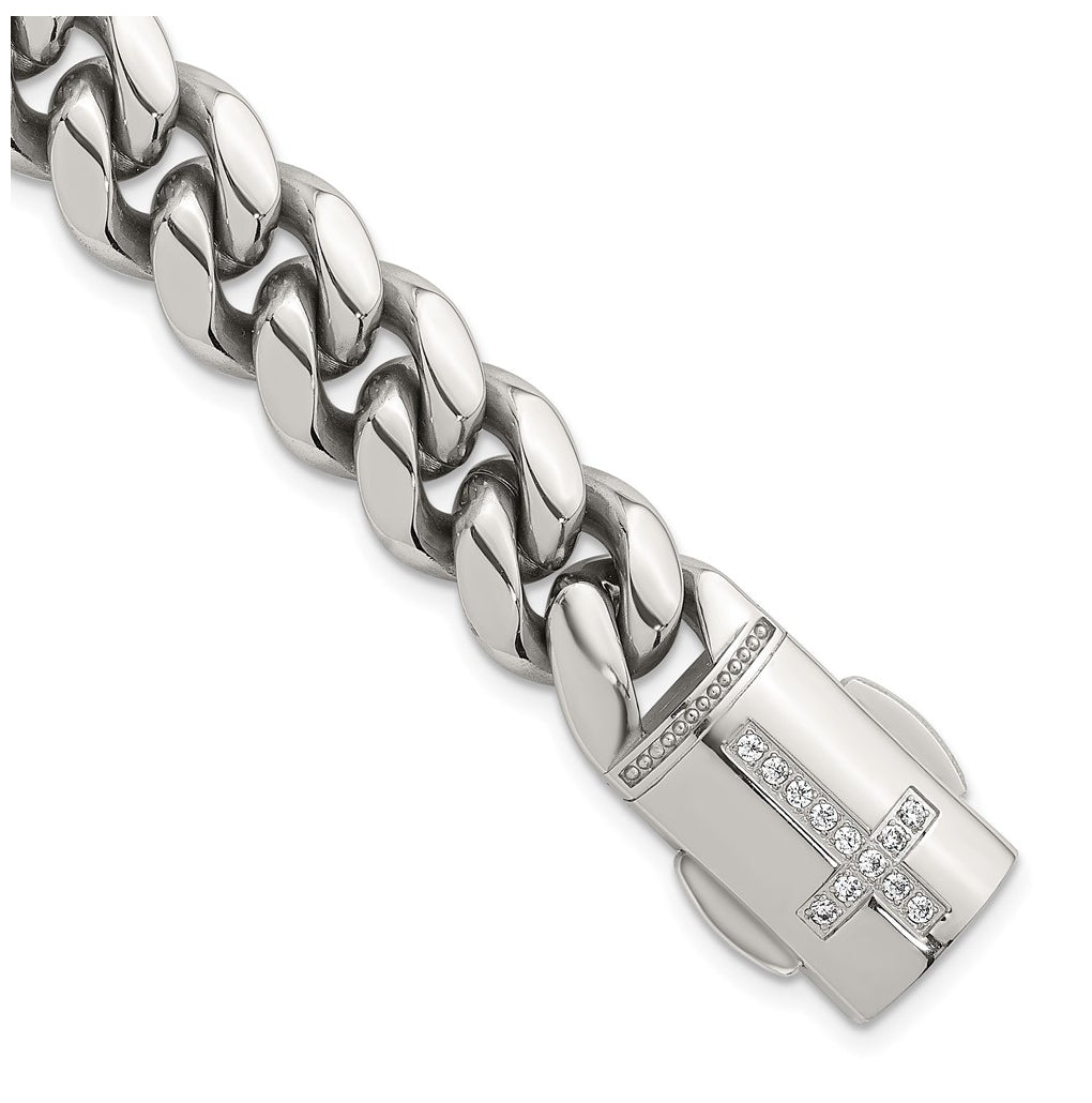 Stainless Steel Polished Curb Link with Cubic Zirconia Cross Clasp 8.5in Bracelet – Elegant Jewelry Gift for Birthday, Anniversary, Engagement, Wedding