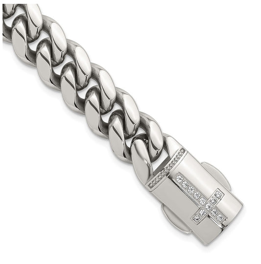Stainless Steel Polished Curb Link with Cubic Zirconia Cross Clasp 8.5in Bracelet – Elegant Jewelry Gift for Birthday, Anniversary, Engagement, Wedding