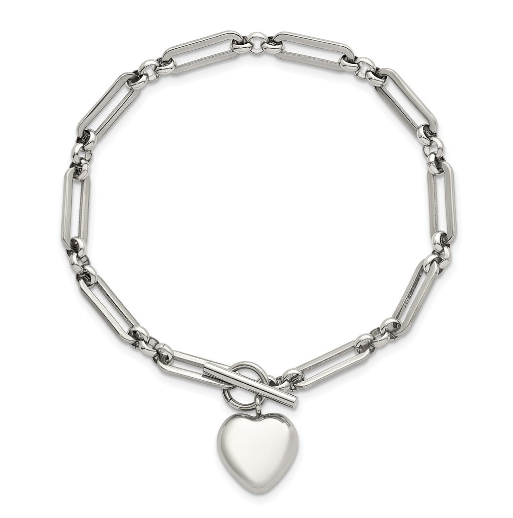 Stainless Steel Polished 3-D  Dangle Heart 4.5mm Link 7.5in Bracelet – Elegant Jewelry Gift for Birthday, Anniversary, Engagement, Wedding