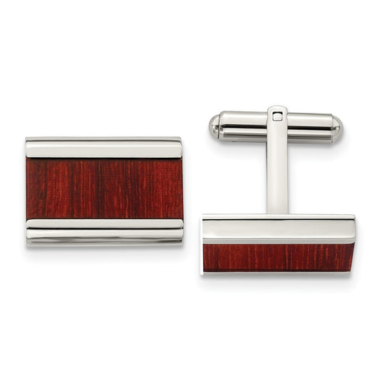 Stainless Steel Polished Red/Orange Koa Wood Inlay Rectangle Cufflinks – Elegant Jewelry Gift for Birthday, Anniversary, Engagement, Wedding