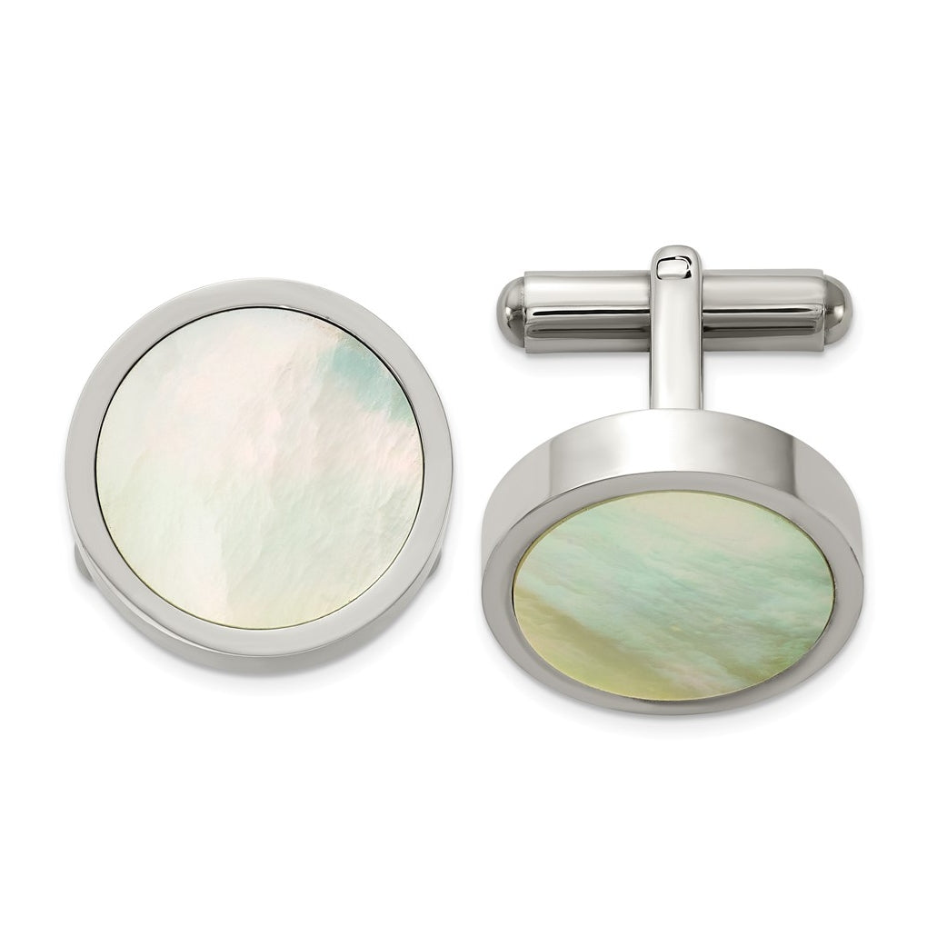 Stainless Steel Polished with Mother of Pearl Round Cuff Links – Elegant Jewelry Gift for Birthday, Anniversary, Engagement, Wedding