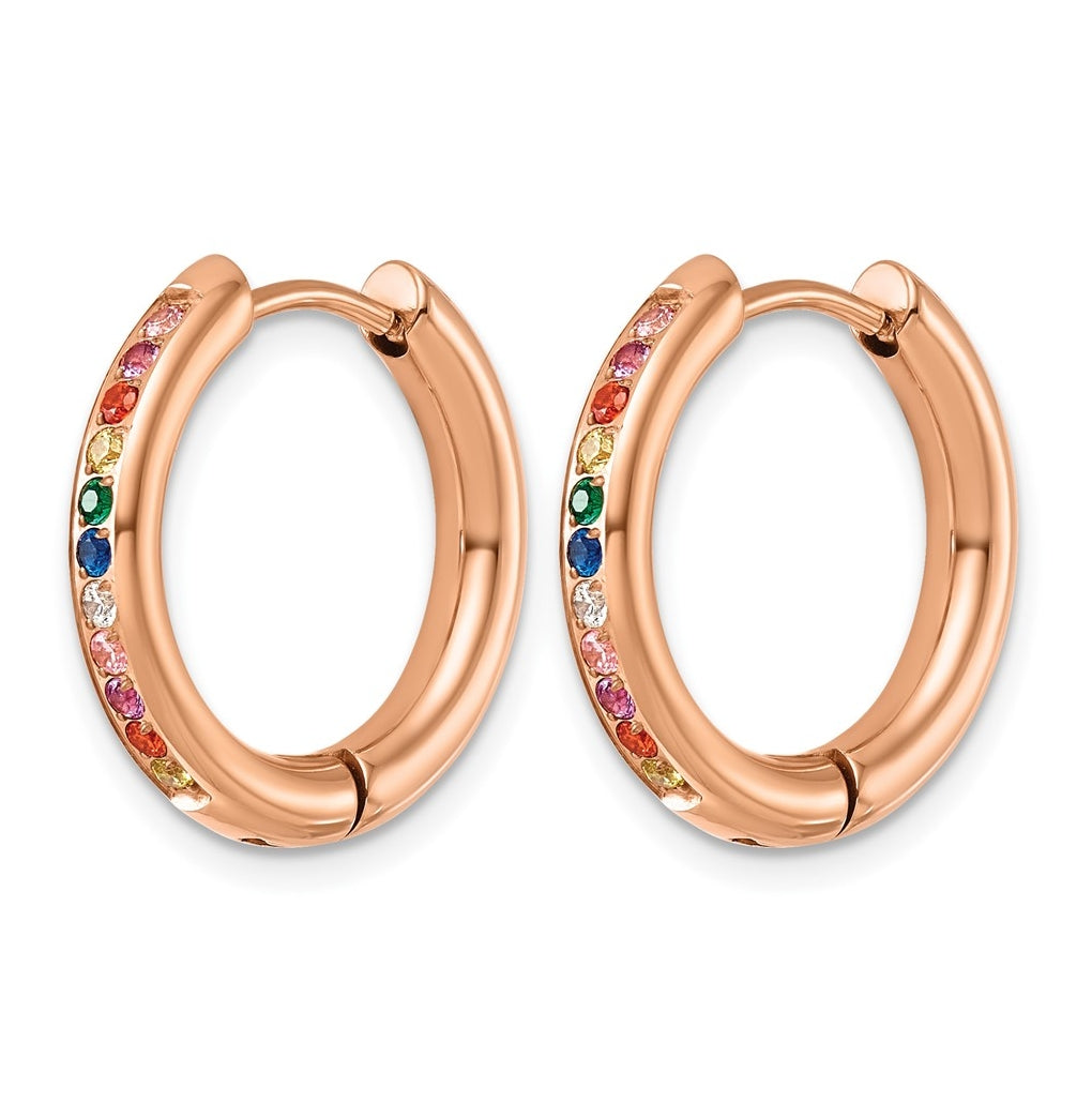 Stainless Steel Polished Rose IP w/Multicolor Cubic Zirconia 3mm Hinged Hoop Earrings – Elegant Jewelry Gift for Birthday, Anniversary, Engagement, Wedding