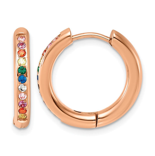 Stainless Steel Polished Rose IP w/Multicolor Cubic Zirconia 3mm Hinged Hoop Earrings – Elegant Jewelry Gift for Birthday, Anniversary, Engagement, Wedding