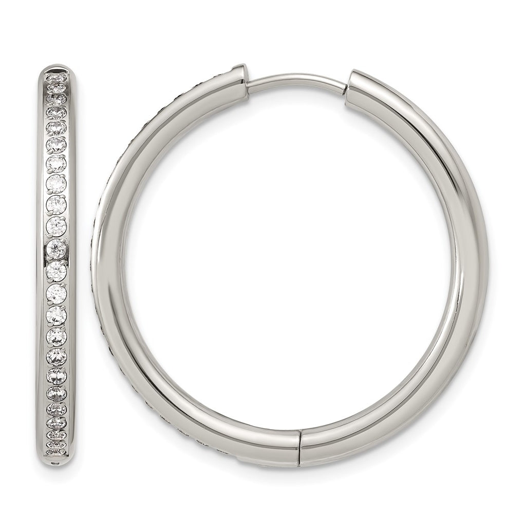 Stainless Steel Polished with Cubic Zirconia 3mm Hinged Hoop Earrings – Elegant Jewelry Gift for Birthday, Anniversary, Engagement, Wedding