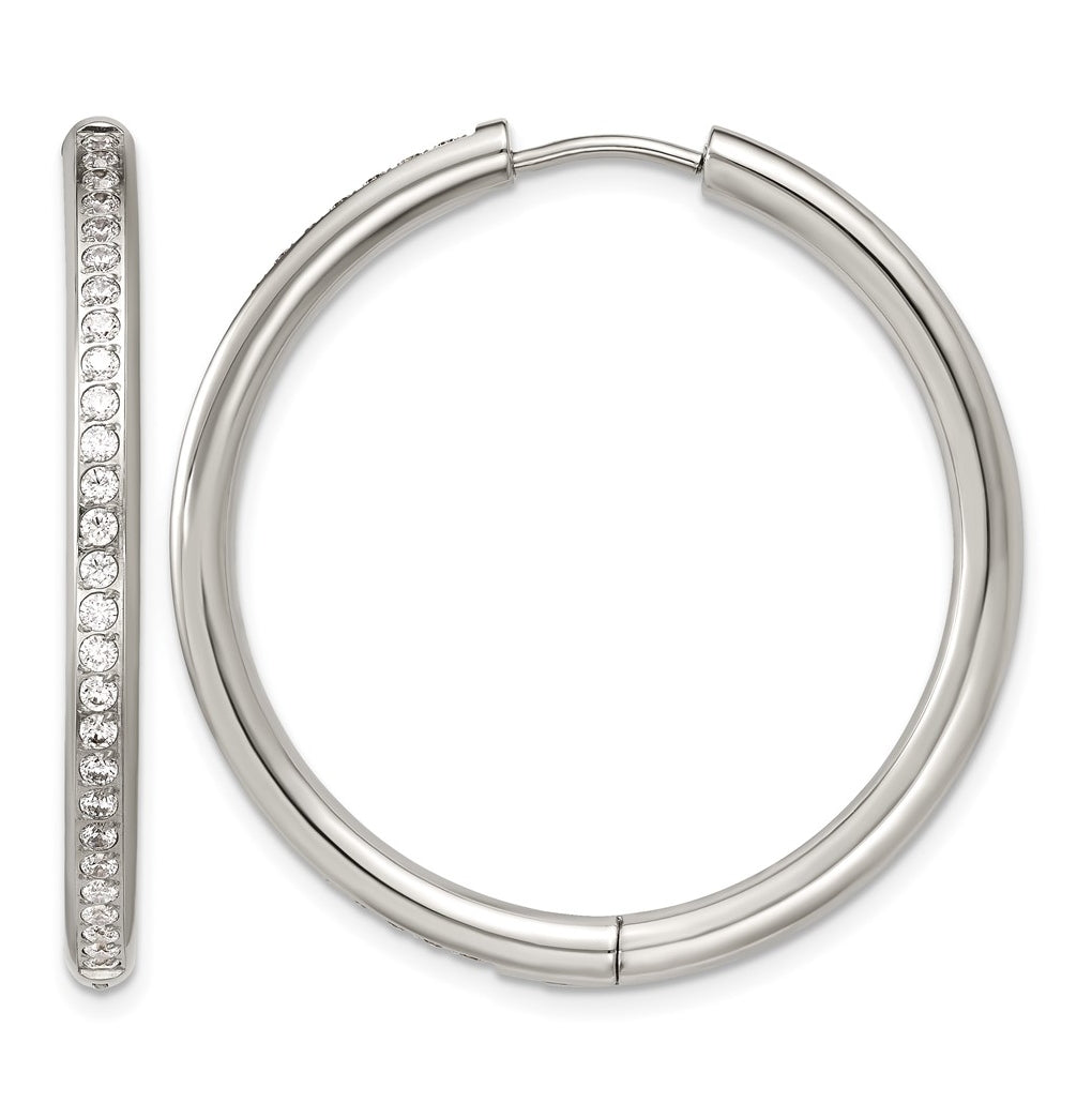 Stainless Steel Polished with Cubic Zirconia 3mm Hinged Hoop Earrings – Elegant Jewelry Gift for Birthday, Anniversary, Engagement, Wedding