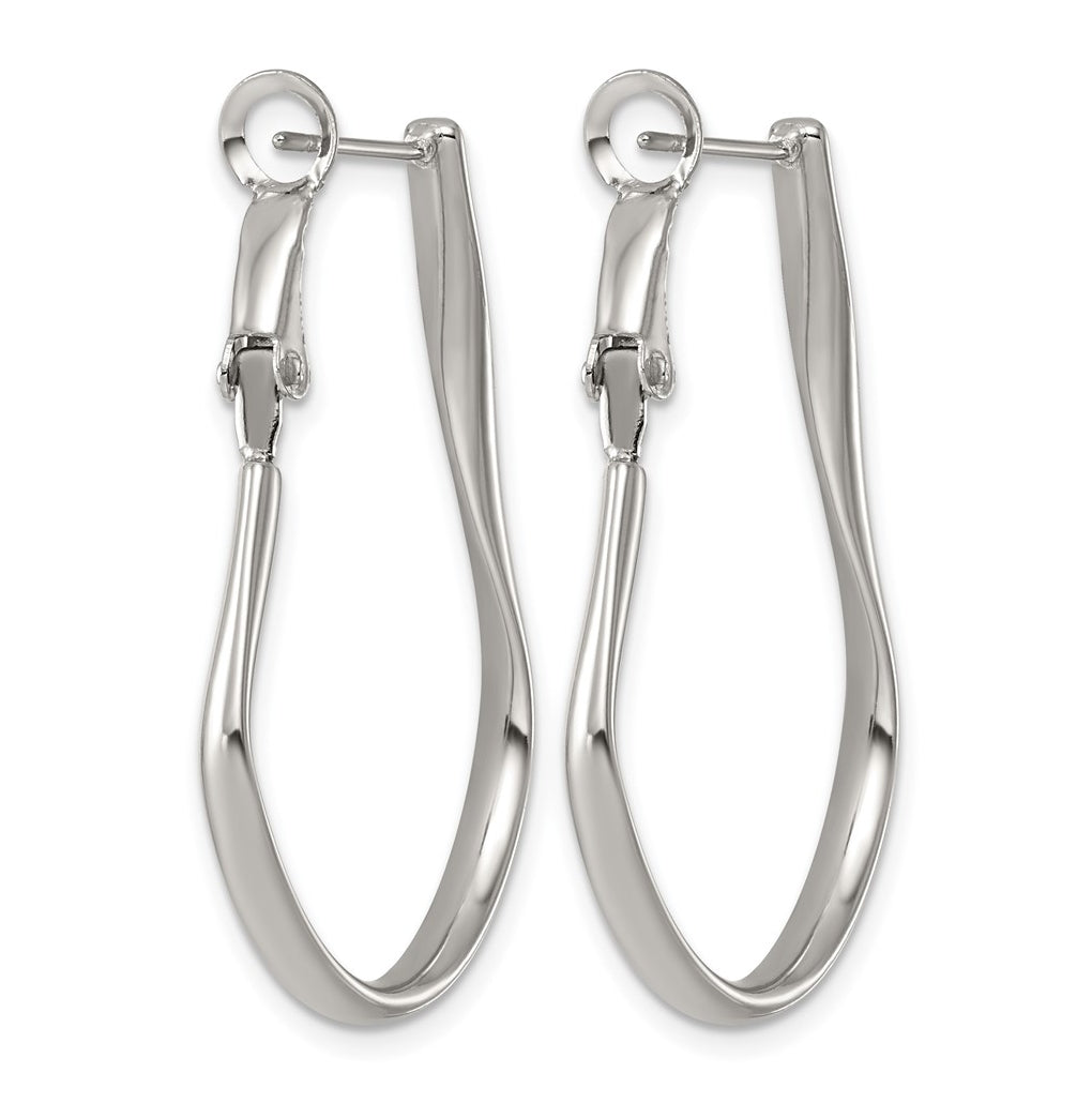 Stainless Steel Polished Wavy Omega Back J-Hoop Earrings – Elegant Jewelry Gift for Birthday, Anniversary, Engagement, Wedding