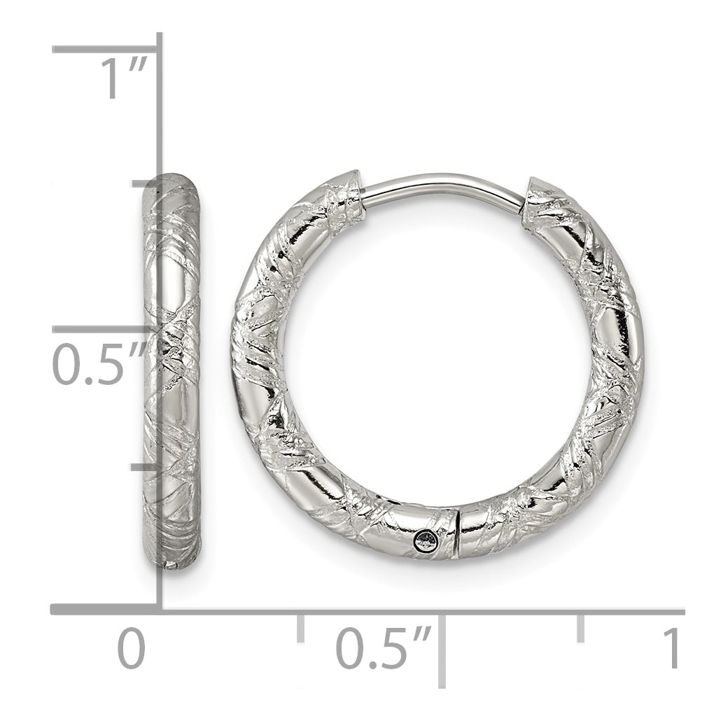 Stainless Steel Polished and Textured Round Hinged Hoop Earrings – Elegant Jewelry Gift for Birthday, Anniversary, Engagement, Wedding