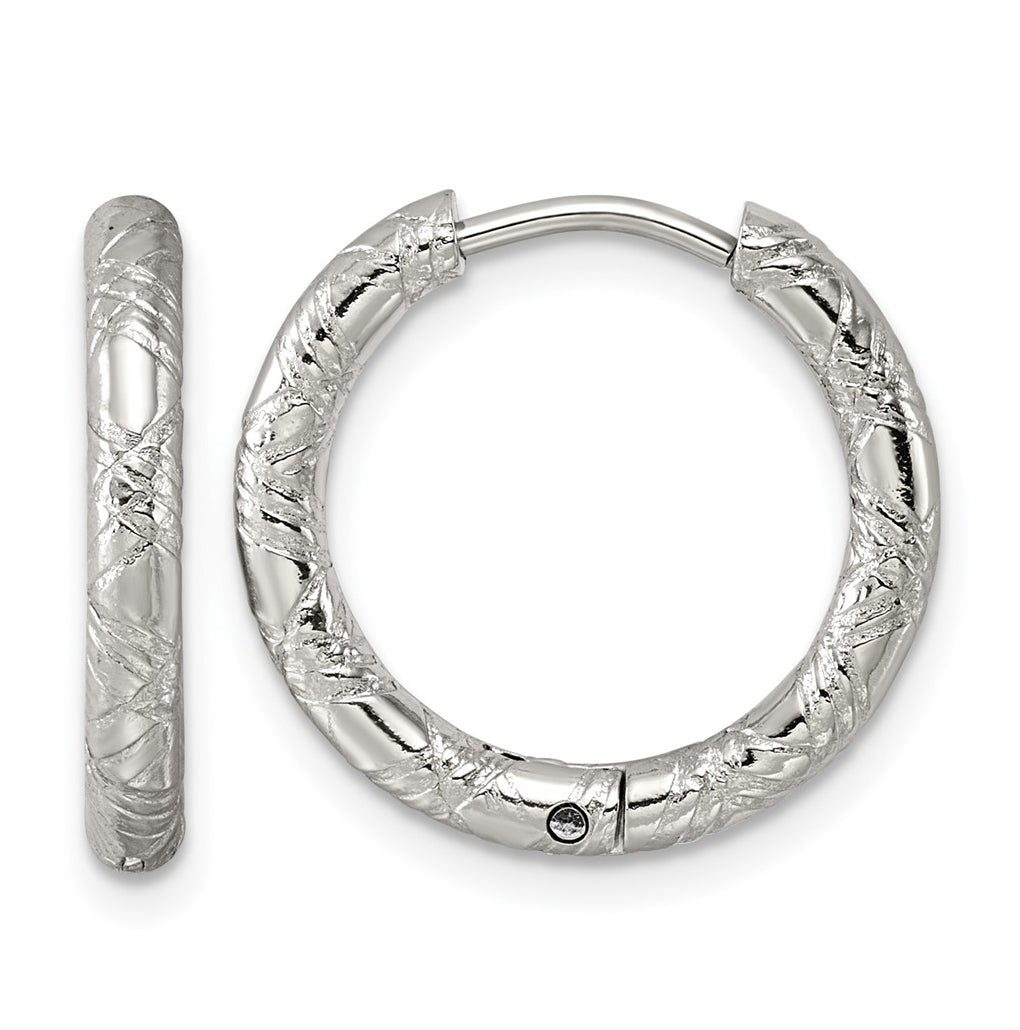 Stainless Steel Polished and Textured Round Hinged Hoop Earrings – Elegant Jewelry Gift for Birthday, Anniversary, Engagement, Wedding