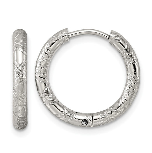 Stainless Steel Polished and Textured Round Hinged Hoop Earrings – Elegant Jewelry Gift for Birthday, Anniversary, Engagement, Wedding