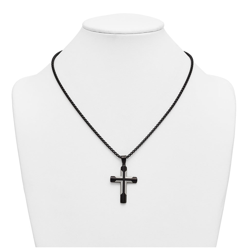 Stainless Steel Polished Black IP-plated with Satin Cross 20in Necklace – Elegant Jewelry Gift for Birthday, Anniversary, Engagement, Wedding