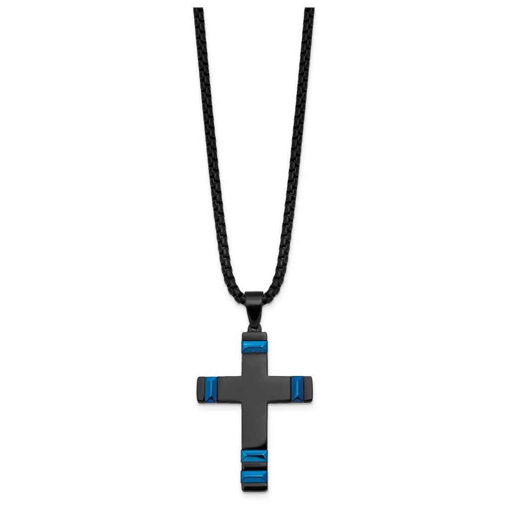 Stainless Steel Polished Black and Blue IP-plated Cross 20in Necklace – Elegant Jewelry Gift for Birthday, Anniversary, Engagement, Wedding