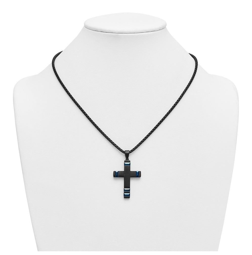 Stainless Steel Polished Black and Blue IP-plated Cross 20in Necklace – Elegant Jewelry Gift for Birthday, Anniversary, Engagement, Wedding