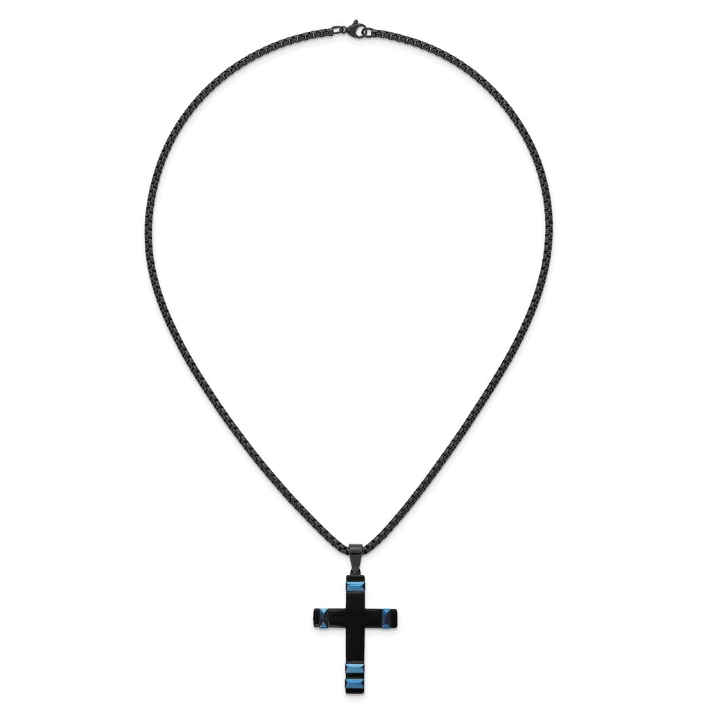 Stainless Steel Polished Black and Blue IP-plated Cross 20in Necklace – Elegant Jewelry Gift for Birthday, Anniversary, Engagement, Wedding