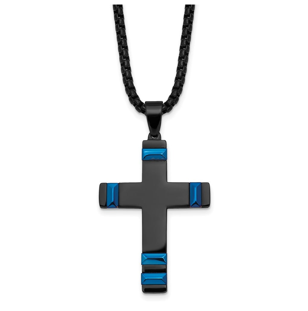 Stainless Steel Polished Black and Blue IP-plated Cross 20in Necklace – Elegant Jewelry Gift for Birthday, Anniversary, Engagement, Wedding