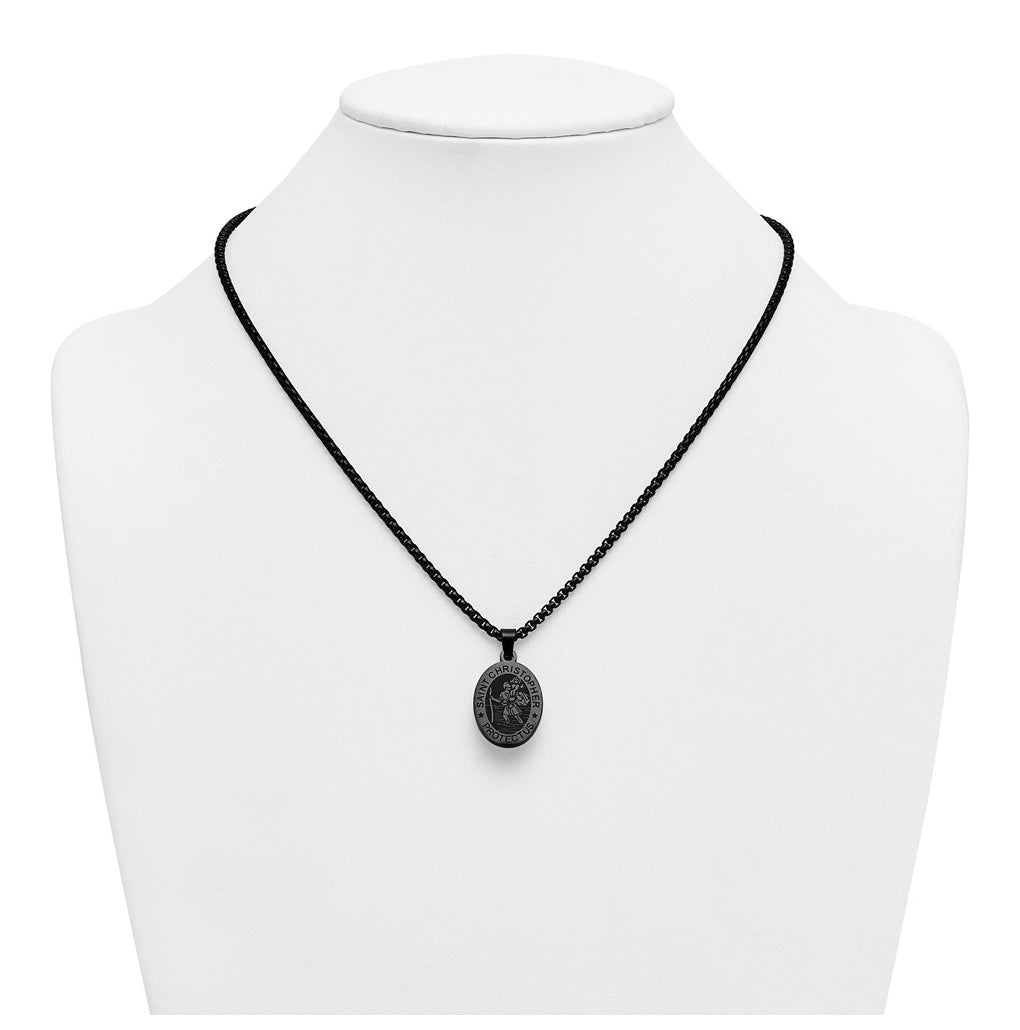 Stainless Steel Polished Black IP-plated St. Christopher 20in Necklace – Elegant Jewelry Gift for Birthday, Anniversary, Engagement, Wedding