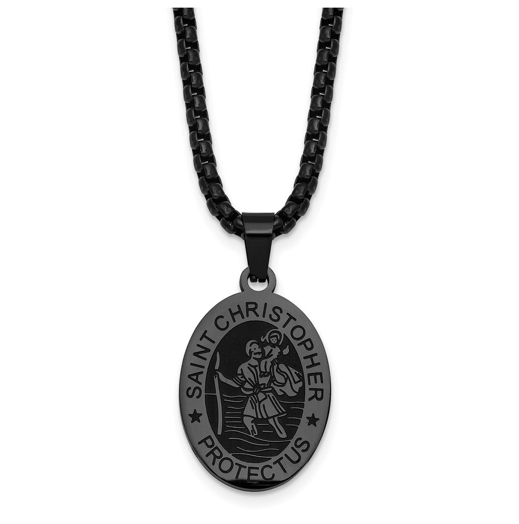 Stainless Steel Polished Black IP-plated St. Christopher 20in Necklace – Elegant Jewelry Gift for Birthday, Anniversary, Engagement, Wedding