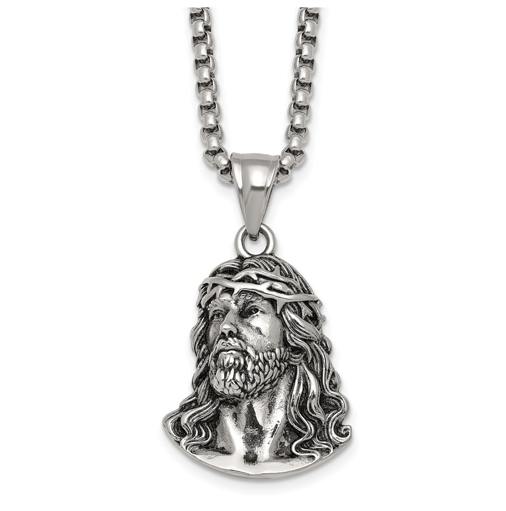 Stainless Steel Antiqued and Polished Jesus 22in Necklace – Elegant Jewelry Gift for Birthday, Anniversary, Engagement, Wedding