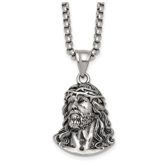 Stainless Steel Antiqued and Polished Jesus 22in Necklace – Elegant Jewelry Gift for Birthday, Anniversary, Engagement, Wedding
