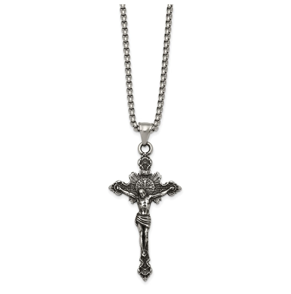 Stainless Steel Antiqued and Polished INRI Crucifix 22in Necklace – Elegant Jewelry Gift for Birthday, Anniversary, Engagement, Wedding