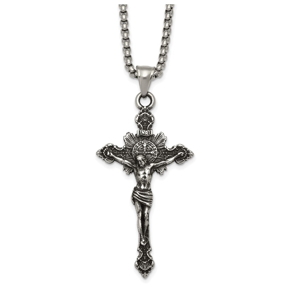 Stainless Steel Antiqued and Polished INRI Crucifix 22in Necklace – Elegant Jewelry Gift for Birthday, Anniversary, Engagement, Wedding
