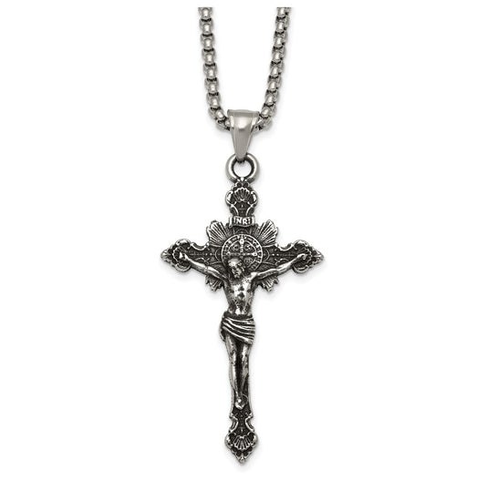 Stainless Steel Antiqued and Polished INRI Crucifix 22in Necklace – Elegant Jewelry Gift for Birthday, Anniversary, Engagement, Wedding