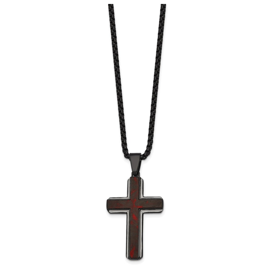 Stainless Steel Polished Blk IP Blk/Red Forged Carbon Fiber Cross Necklace – Elegant Jewelry Gift for Birthday, Anniversary, Engagement, Wedding