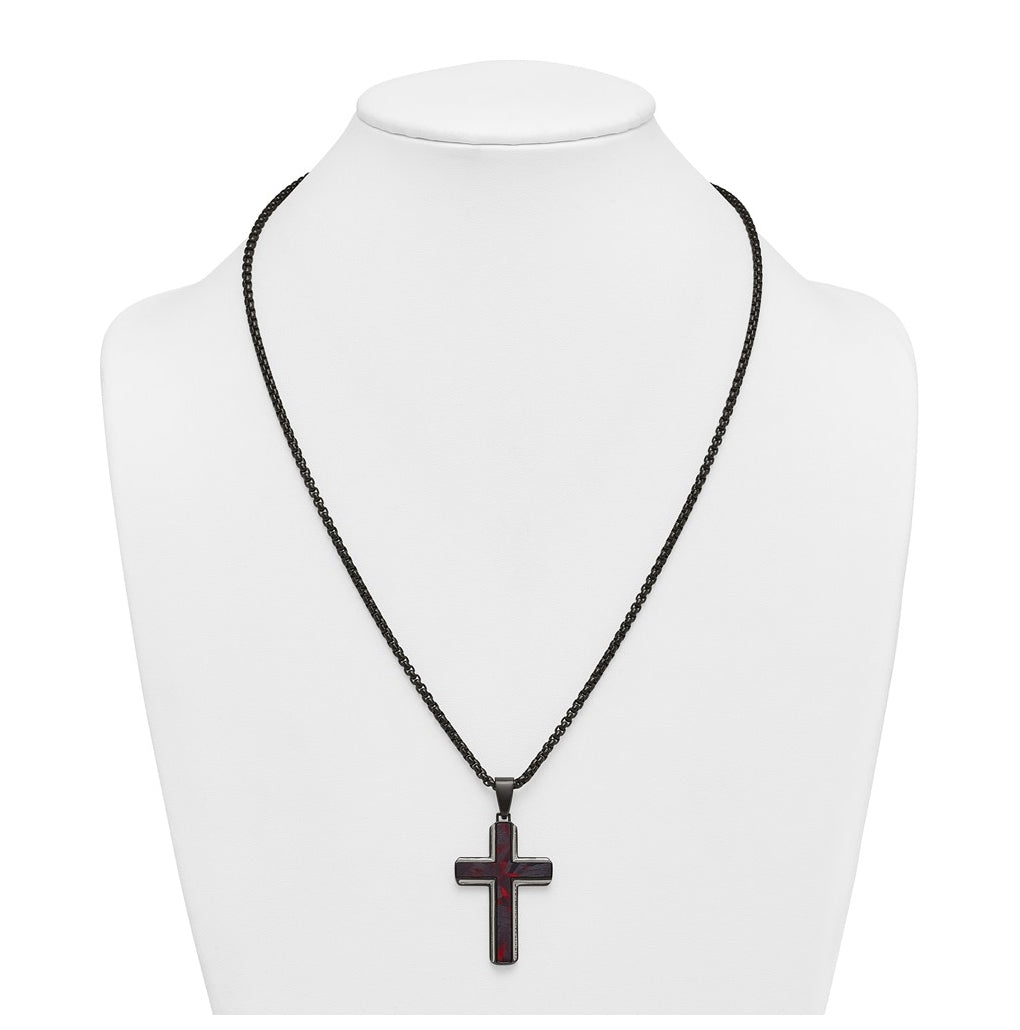 Stainless Steel Polished Blk IP Blk/Red Forged Carbon Fiber Cross Necklace – Elegant Jewelry Gift for Birthday, Anniversary, Engagement, Wedding