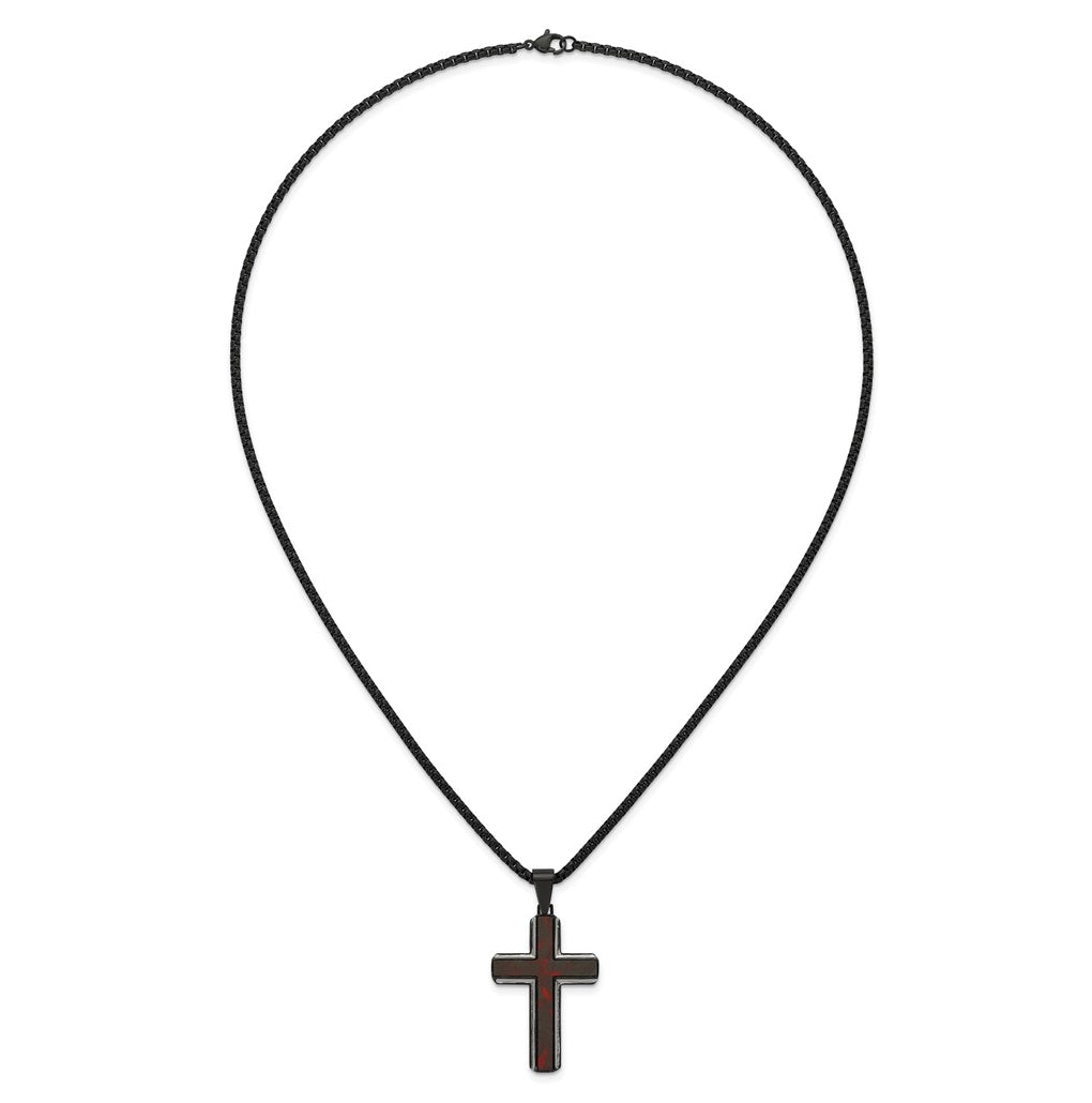 Stainless Steel Polished Blk IP Blk/Red Forged Carbon Fiber Cross Necklace – Elegant Jewelry Gift for Birthday, Anniversary, Engagement, Wedding