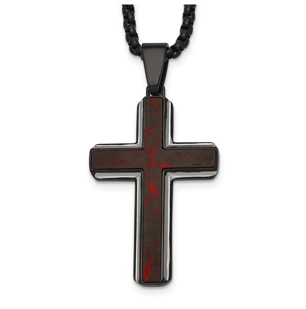 Stainless Steel Polished Blk IP Blk/Red Forged Carbon Fiber Cross Necklace – Elegant Jewelry Gift for Birthday, Anniversary, Engagement, Wedding