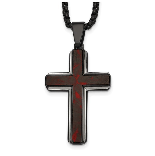 Stainless Steel Polished Blk IP Blk/Red Forged Carbon Fiber Cross Necklace – Elegant Jewelry Gift for Birthday, Anniversary, Engagement, Wedding