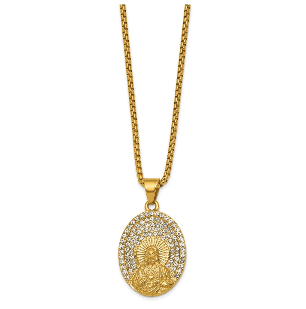 Stainless Steel Polished Yellow IP Crystal Sacred Heart Jesus 24in Necklace – Elegant Jewelry Gift for Birthday, Anniversary, Engagement, Wedding