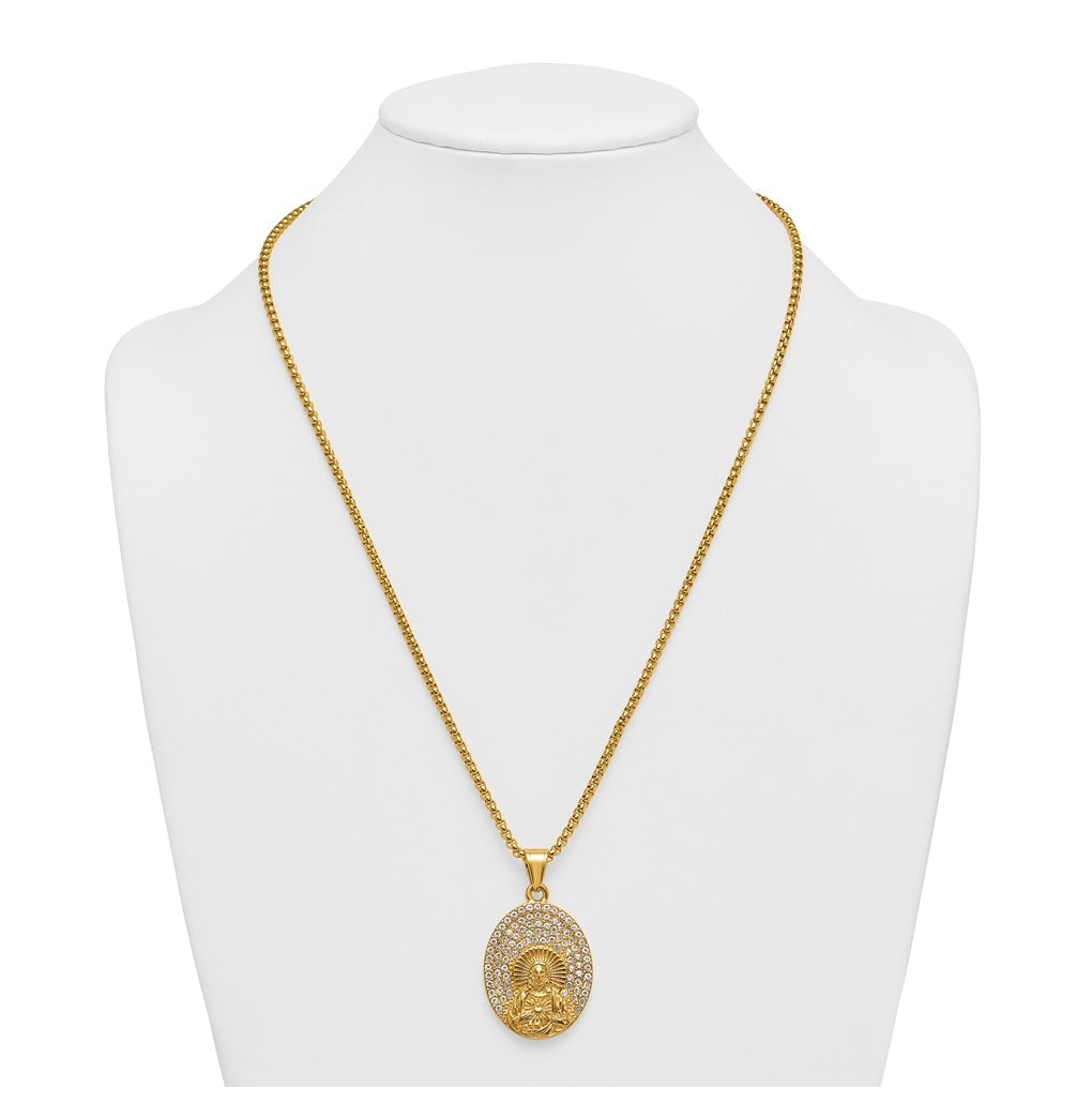 Stainless Steel Polished Yellow IP Crystal Sacred Heart Jesus 24in Necklace – Elegant Jewelry Gift for Birthday, Anniversary, Engagement, Wedding