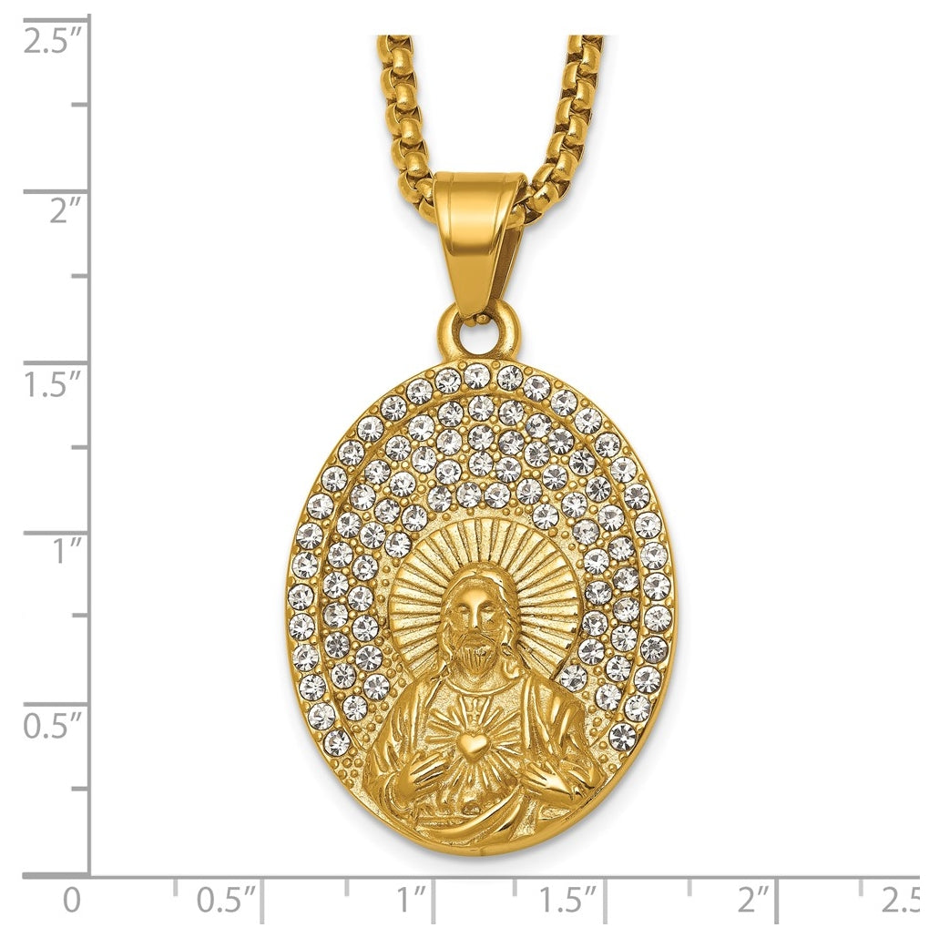 Stainless Steel Polished Yellow IP Crystal Sacred Heart Jesus 24in Necklace – Elegant Jewelry Gift for Birthday, Anniversary, Engagement, Wedding