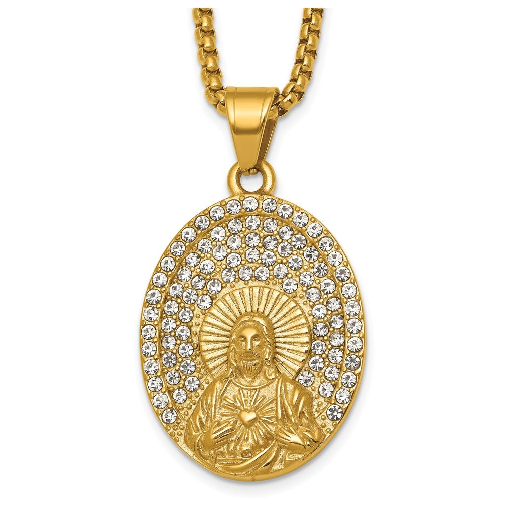 Stainless Steel Polished Yellow IP Crystal Sacred Heart Jesus 24in Necklace – Elegant Jewelry Gift for Birthday, Anniversary, Engagement, Wedding