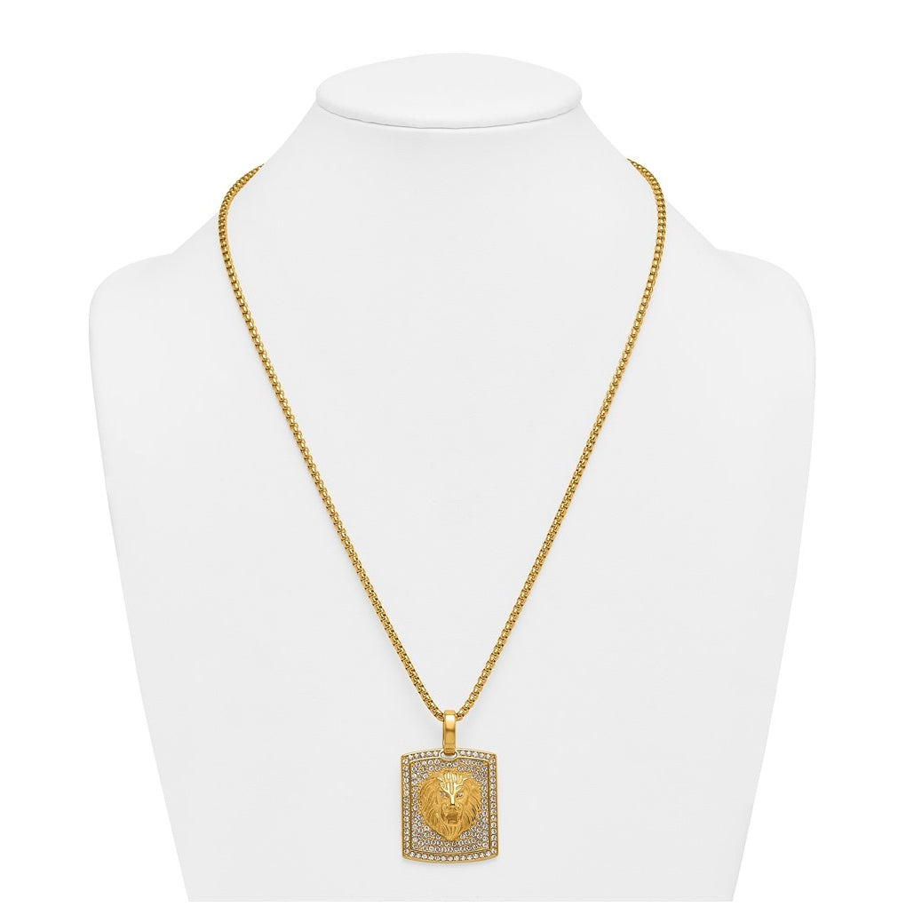 Stainless Steel Polished Yellow IP Lion on Crystal Dog Tag 24in Necklace – Elegant Jewelry Gift for Birthday, Anniversary, Engagement, Wedding