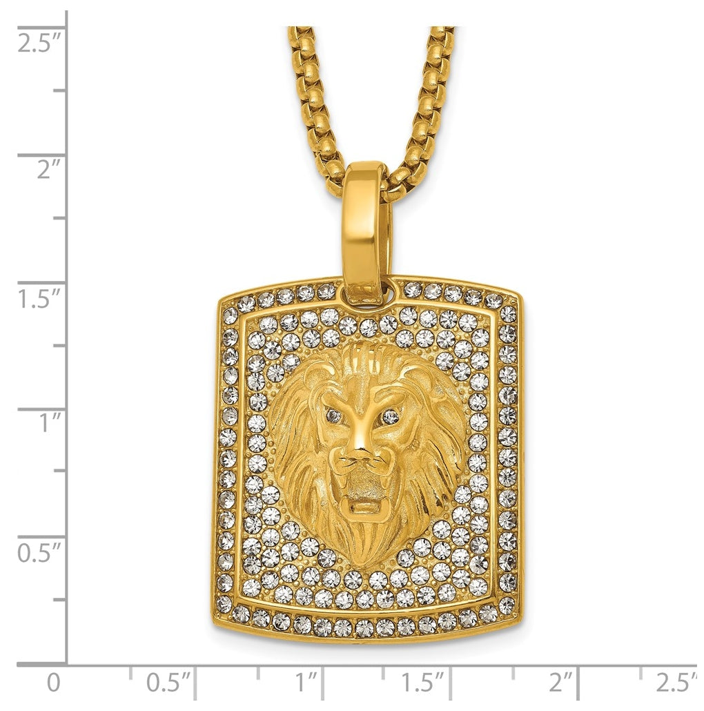 Stainless Steel Polished Yellow IP Lion on Crystal Dog Tag 24in Necklace – Elegant Jewelry Gift for Birthday, Anniversary, Engagement, Wedding