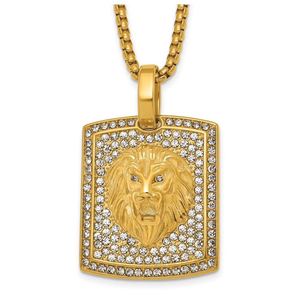 Stainless Steel Polished Yellow IP Lion on Crystal Dog Tag 24in Necklace – Elegant Jewelry Gift for Birthday, Anniversary, Engagement, Wedding