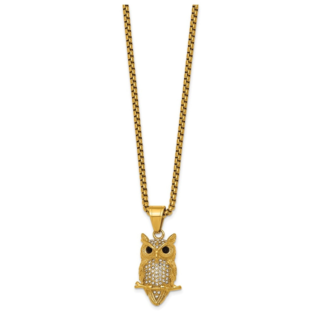 Stainless Steel Polished Yellow IP-plated Crystal Owl 24in Necklace – Elegant Jewelry Gift for Birthday, Anniversary, Engagement, Wedding