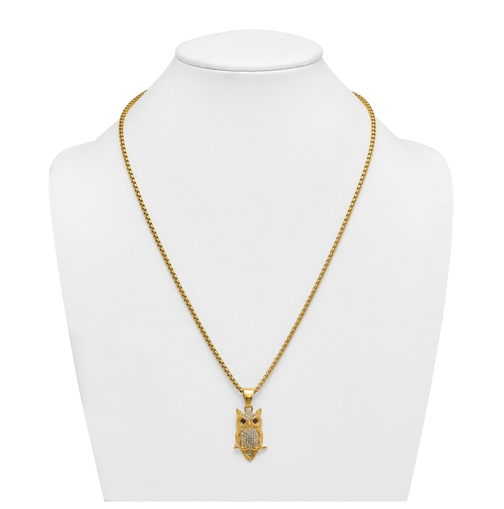 Stainless Steel Polished Yellow IP-plated Crystal Owl 24in Necklace – Elegant Jewelry Gift for Birthday, Anniversary, Engagement, Wedding