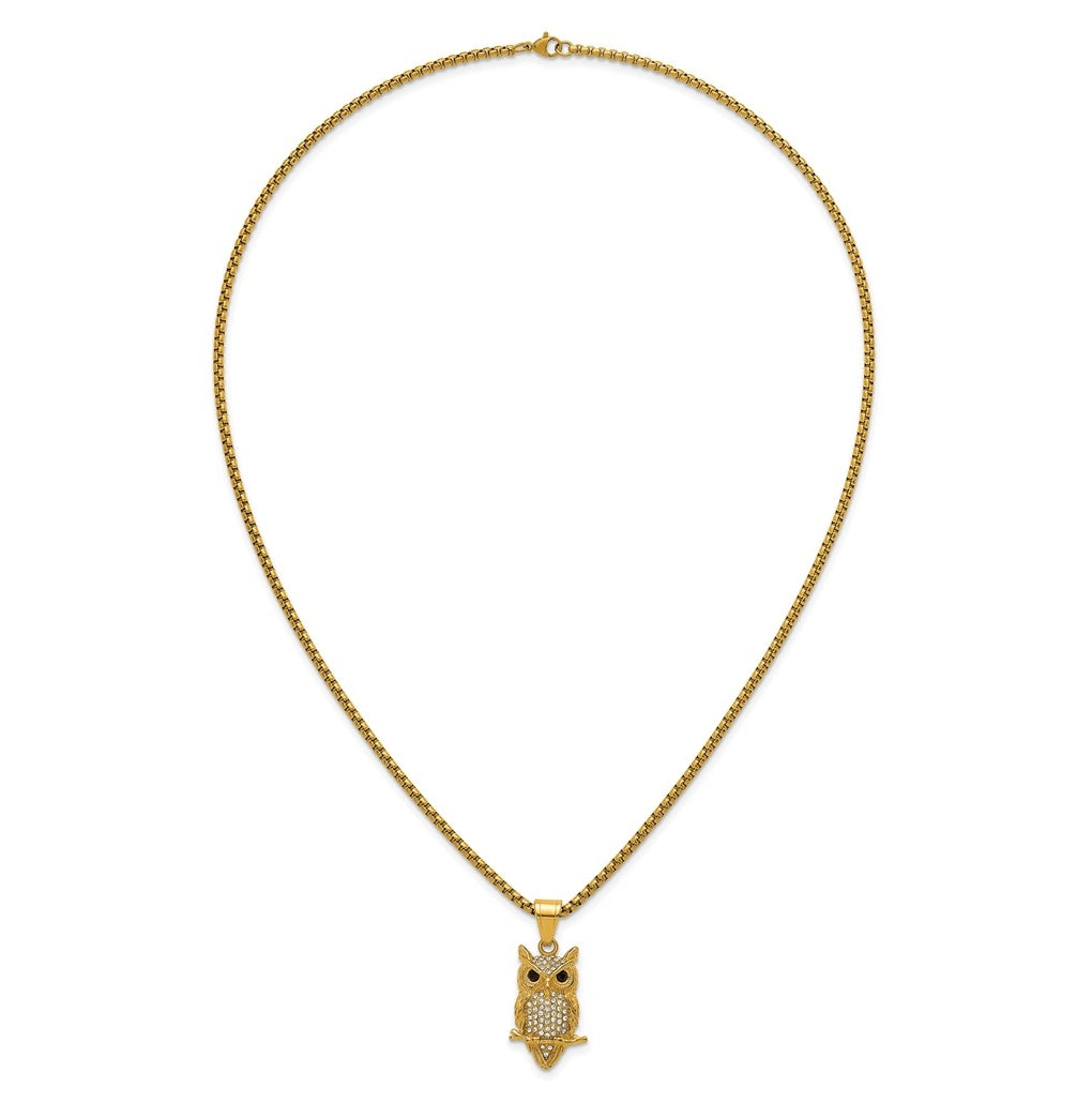 Stainless Steel Polished Yellow IP-plated Crystal Owl 24in Necklace – Elegant Jewelry Gift for Birthday, Anniversary, Engagement, Wedding