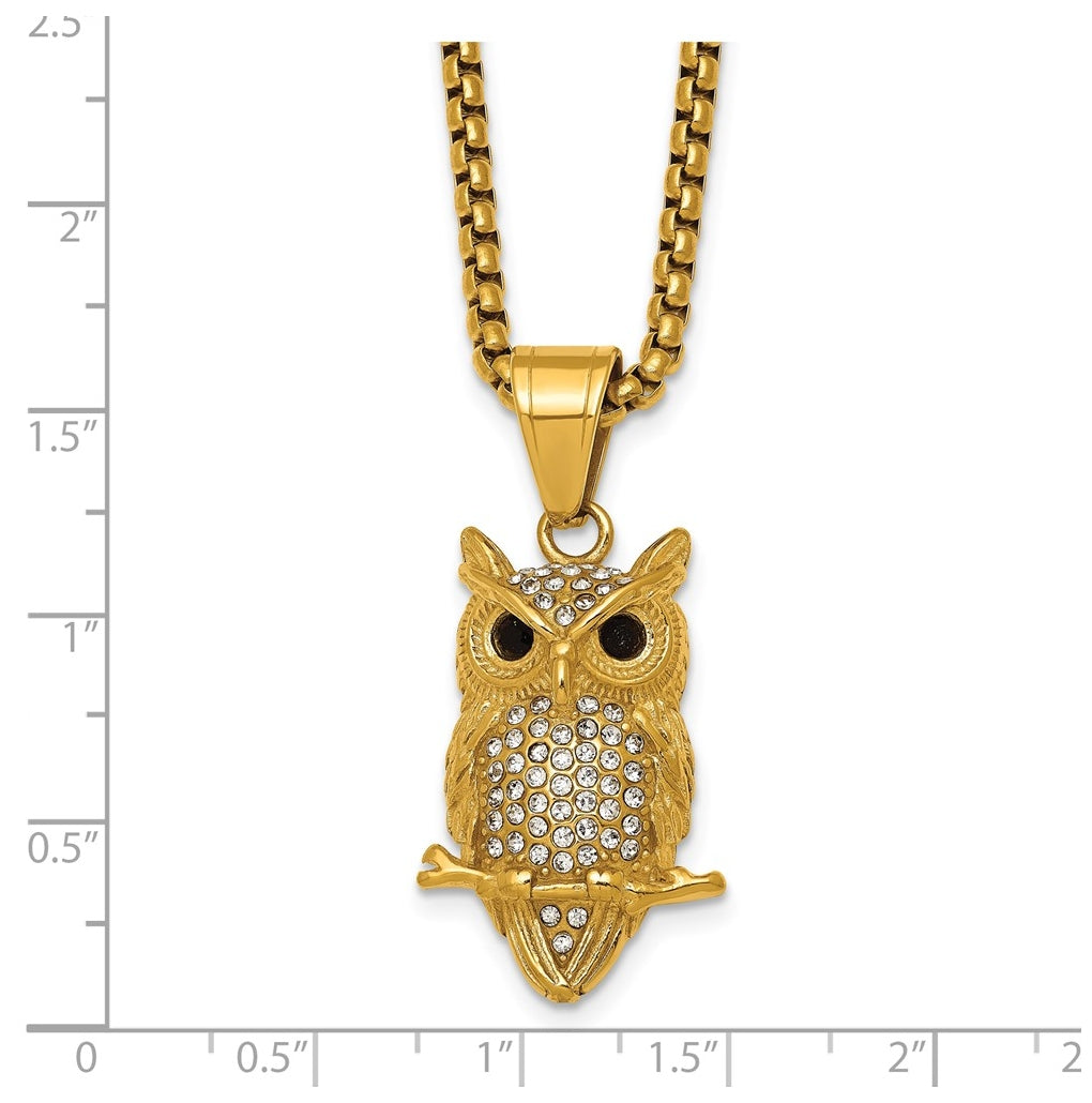 Stainless Steel Polished Yellow IP-plated Crystal Owl 24in Necklace – Elegant Jewelry Gift for Birthday, Anniversary, Engagement, Wedding