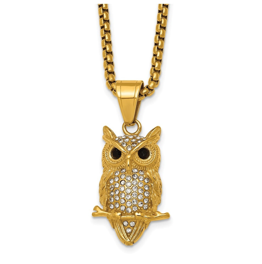 Stainless Steel Polished Yellow IP-plated Crystal Owl 24in Necklace – Elegant Jewelry Gift for Birthday, Anniversary, Engagement, Wedding