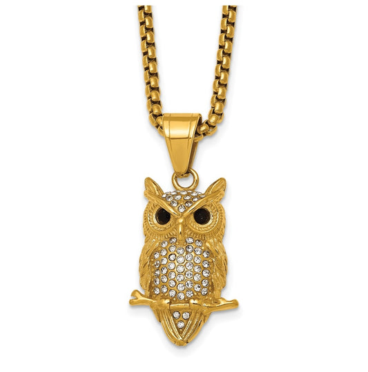 Stainless Steel Polished Yellow IP-plated Crystal Owl 24in Necklace – Elegant Jewelry Gift for Birthday, Anniversary, Engagement, Wedding
