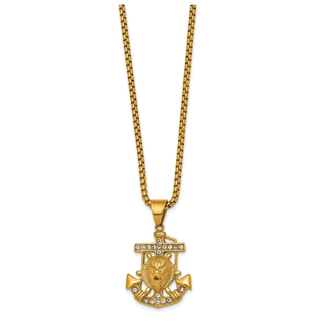 Stainless Steel Polished Yellow IP Crystal Anchor and Lion 24in Necklace – Elegant Jewelry Gift for Birthday, Anniversary, Engagement, Wedding