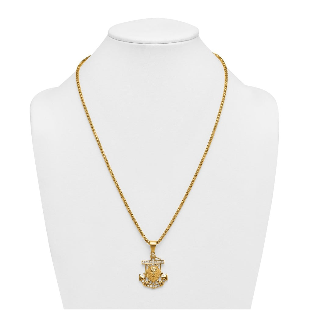 Stainless Steel Polished Yellow IP Crystal Anchor and Lion 24in Necklace – Elegant Jewelry Gift for Birthday, Anniversary, Engagement, Wedding