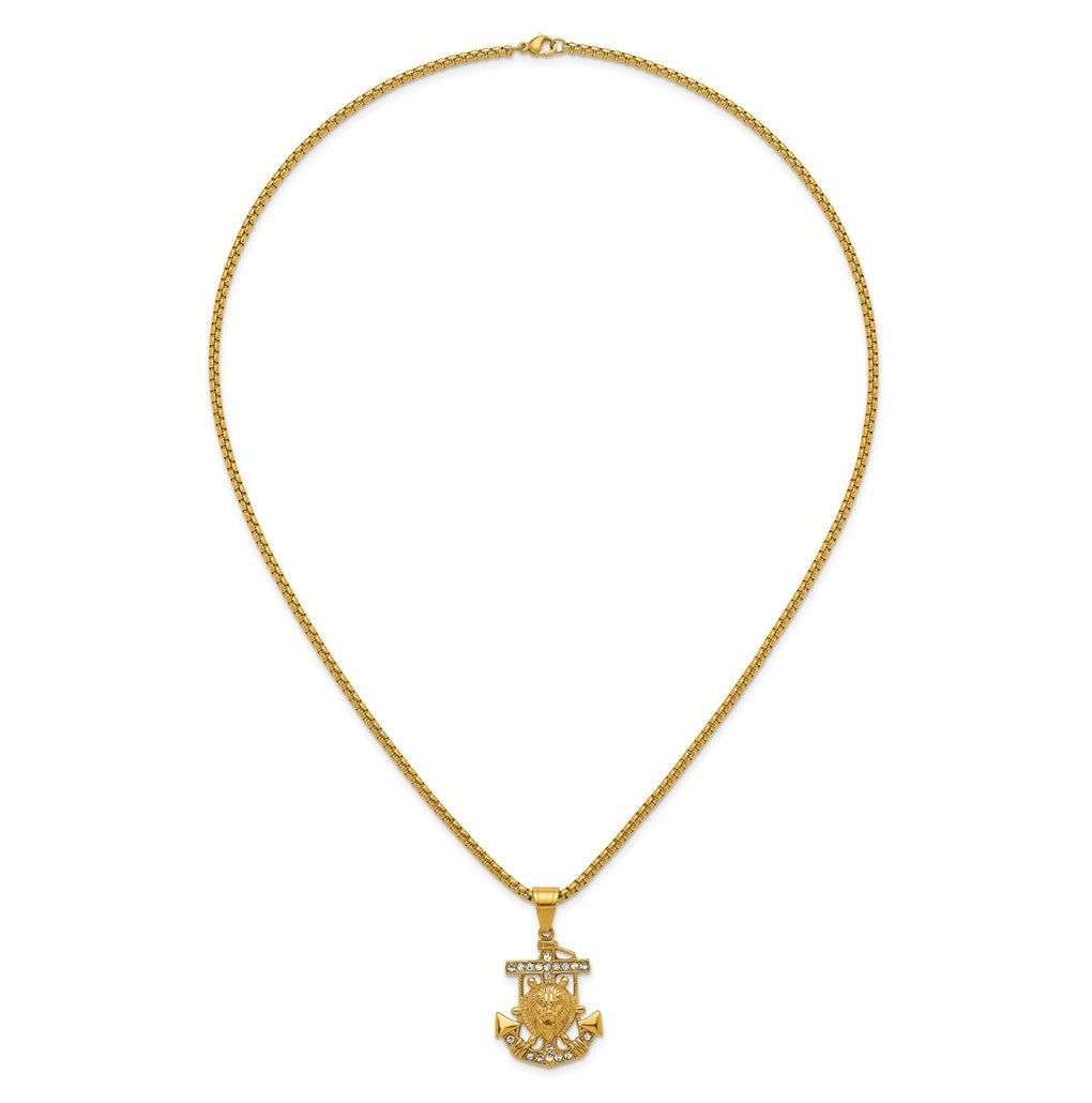 Stainless Steel Polished Yellow IP Crystal Anchor and Lion 24in Necklace – Elegant Jewelry Gift for Birthday, Anniversary, Engagement, Wedding