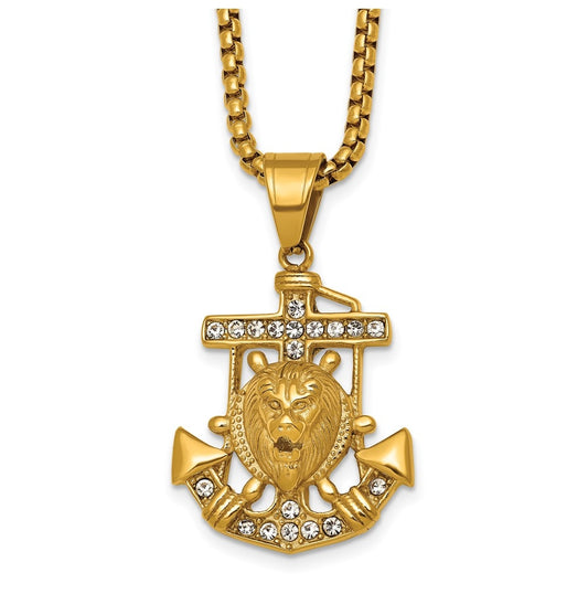 Stainless Steel Polished Yellow IP Crystal Anchor and Lion 24in Necklace – Elegant Jewelry Gift for Birthday, Anniversary, Engagement, Wedding
